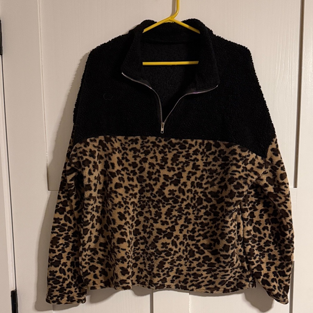SHEIN Black and Leopard V-Neck Sweater